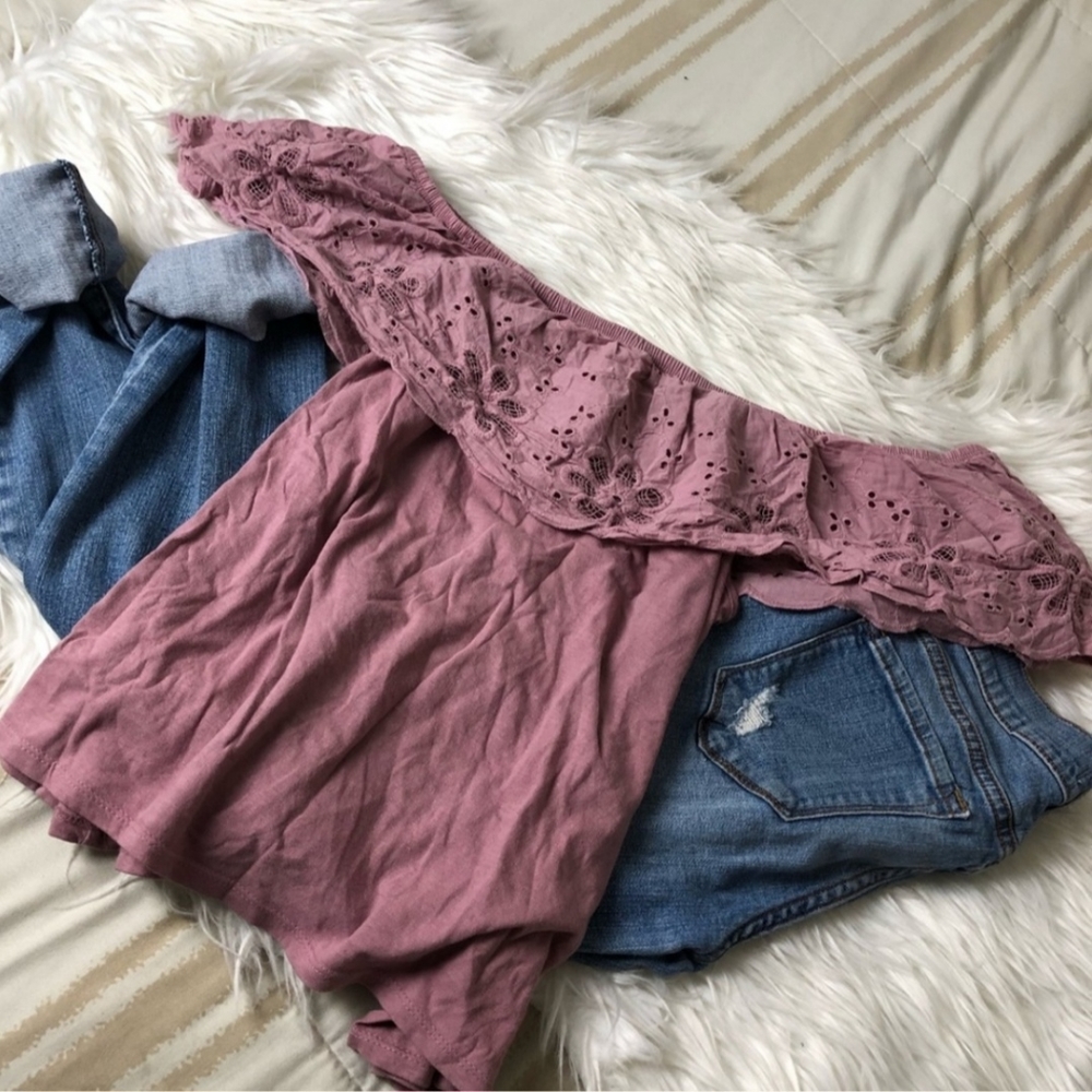 Paper & Tee off shoulder pink eyelet shirt